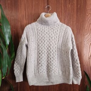 Aran Crafts Womens Irish Gray Cable Knit Merino Wool Turtleneck Sweater Small